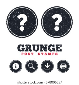 Grunge post stamps. Question mark sign icon. Help symbol. FAQ sign. Information, download and printer signs. Aged texture web buttons. Vector