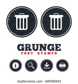 Grunge post stamps. Recycle bin sign icon. Bin symbol. Information, download and printer signs. Aged texture web buttons. Vector