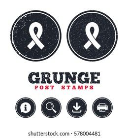Grunge post stamps. Ribbon sign icon. Breast cancer awareness symbol. Information, download and printer signs. Aged texture web buttons. Vector