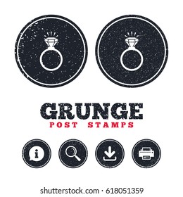 Grunge post stamps. Ring sign icon. Jewelry with shine diamond symbol. Wedding or engagement day symbol. Information, download and printer signs. Aged texture web buttons. Vector