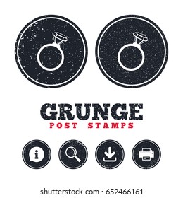 Grunge post stamps. Ring sign icon. Jewelry with diamond symbol. Wedding or engagement day symbol. Information, download and printer signs. Aged texture web buttons. Vector