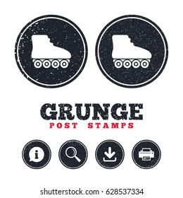 Grunge post stamps. Roller skates sign icon. Rollerblades symbol. Information, download and printer signs. Aged texture web buttons. Vector