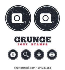 Grunge post stamps. Roulette construction sign icon. Tape measure symbol. Information, download and printer signs. Aged texture web buttons. Vector