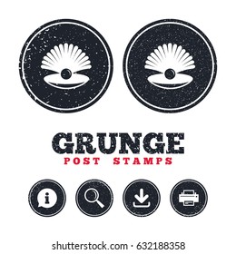 Grunge post stamps. Sea shell with pearl sign icon. Conch symbol. Travel icon. Information, download and printer signs. Aged texture web buttons. Vector
