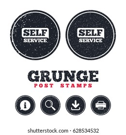 Grunge post stamps. Self service sign icon. Maintenance button. Information, download and printer signs. Aged texture web buttons. Vector