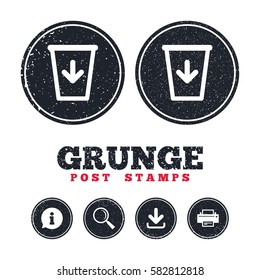Grunge post stamps. Send to the trash icon. Recycle bin sign. Information, download and printer signs. Aged texture web buttons. Vector