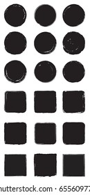 Grunge post stamps set of square and circle shapes. Vector distress blank textures.