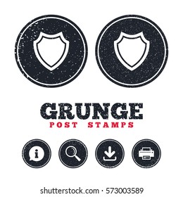Grunge post stamps. Shield sign icon. Protection symbol. Information, download and printer signs. Aged texture web buttons. Vector