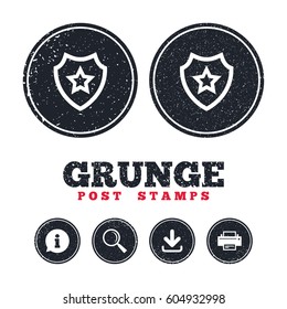 Grunge post stamps. Shield with star icon. Favorite protection symbol. Information, download and printer signs. Aged texture web buttons. Vector