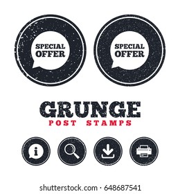 Grunge post stamps. Special offer sign icon. Sale symbol in speech bubble. Information, download and printer signs. Aged texture web buttons. Vector