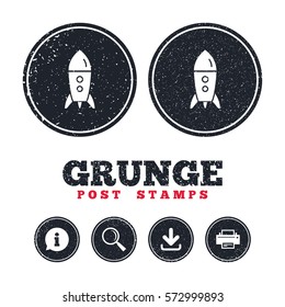 Grunge post stamps. Start up icon. Startup business rocket sign. Information, download and printer signs. Aged texture web buttons. Vector