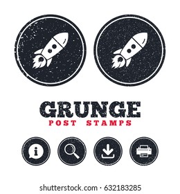 Grunge post stamps. Start up icon. Startup business rocket sign. Information, download and printer signs. Aged texture web buttons. Vector