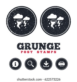 Grunge post stamps. Storm bad weather sign icon. Clouds with thunderstorm. Gale hurricane symbol. Destruction and disaster from wind. Insurance symbol. Information, download and printer signs. Vector