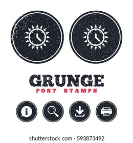 Grunge post stamps. Summer time icon. Sunny day sign. Daylight saving time symbol. Information, download and printer signs. Aged texture web buttons. Vector