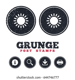 Grunge post stamps. Sun icon. Sunlight summer symbol. Hot weather sign. Information, download and printer signs. Aged texture web buttons. Vector