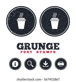 Grunge post stamps. Take a Coffee sign icon. Hot Coffee cup. Information, download and printer signs. Aged texture web buttons. Vector
