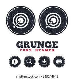 Grunge post stamps. Target aim sign icon. Darts board with arrow symbol. Information, download and printer signs. Aged texture web buttons. Vector