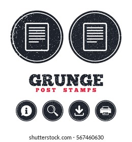 Grunge post stamps. Text file sign icon. File document symbol. Information, download and printer signs. Aged texture web buttons. Vector