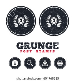 Grunge post stamps. Third place award sign icon. Prize for winner symbol. Laurel Wreath. Information, download and printer signs. Aged texture web buttons. Vector