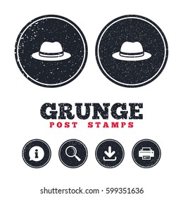 Grunge post stamps. Top hat sign icon. Classic headdress symbol. Information, download and printer signs. Aged texture web buttons. Vector
