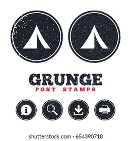 Grunge post stamps. Tourist tent sign icon. Camping symbol. Information, download and printer signs. Aged texture web buttons. Vector