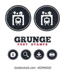 Grunge post stamps. Underground sign icon. Metro train symbol. Information, download and printer signs. Aged texture web buttons. Vector