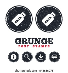 Grunge post stamps. Usb Stick sign icon. Usb flash drive button. Information, download and printer signs. Aged texture web buttons. Vector