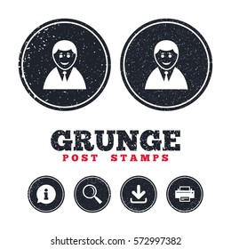 Grunge post stamps. User sign icon. Person symbol. Human in suit avatar. Information, download and printer signs. Aged texture web buttons. Vector