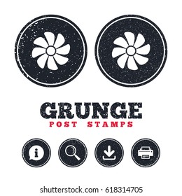 Grunge post stamps. Ventilation sign icon. Ventilator symbol. Information, download and printer signs. Aged texture web buttons. Vector