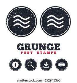 Grunge post stamps. Water waves sign icon. Flood symbol. Information, download and printer signs. Aged texture web buttons. Vector