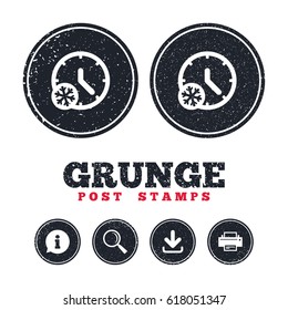 Grunge post stamps. Winter time icon. Snowy cold day sign. Daylight saving time with snowflake symbol. Information, download and printer signs. Aged texture web buttons. Vector