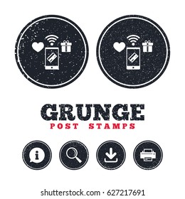 Grunge post stamps. Wireless mobile payments icon. Smartphone, credit card and gift symbol. Information, download and printer signs. Aged texture web buttons. Vector