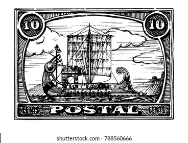 Grunge postage stamp with antique ship. Bireme. Vector hand drawn illustration.