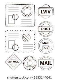 Grunge postage stamp collection. Set of post stamp. Retro grunge postmark. Vintage grunge postage stamp