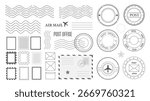 Grunge postage stamp elements set. Collection of old round and rectangle postal and shipping postmarks and stamps, stripes waves, retro envelope with marks, delivery airmail. Vector illustration.