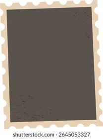 A grunge postage stamp frame with a distressed texture and scalloped edges. The frame features a rugged appearance and vintage style. Cartoon vector illustration.
