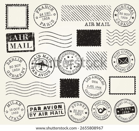Grunge postage stamp set. Old Post stamp collection. Retro grunge postmark. Vintage grunge postage stamp. Postal Vector illustration image. Isolated on white background.
