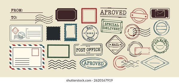 Grunge postage stamp set. Retro geometric postmark and stamps for letters, parcels and deliveries. Mail frames or borders. Vintage vector illustration collection isolated on background