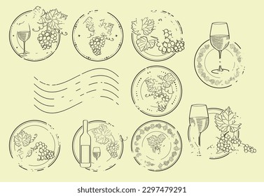 grunge postage stamps with grape and wine glass - vector