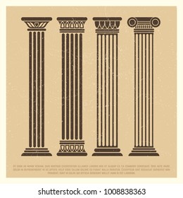 Grunge poster with ancient columns set on simple art style. Vector illustration