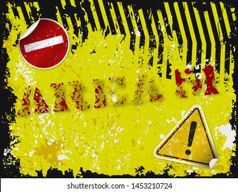 Grunge poster Area 51. Vector illustration of text sign with realistic caution stickers on grungy black and yellow stripes background. Fully editable file for your projects. Big size. Eps10.