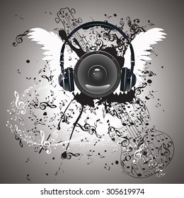 Grunge poster with audio loud speaker with music notes.
