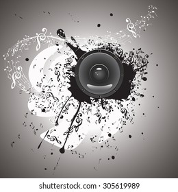 Grunge poster with audio loud speaker with music notes.
