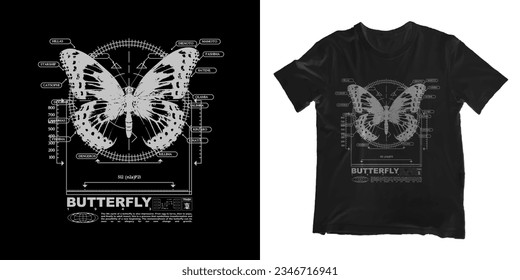 Grunge poster with butterfly. Gothic elements for design, print for t-shirt, hoodie and sweatshirt. Isolated on black and white background