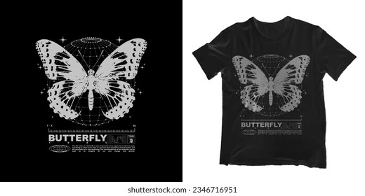 Grunge poster with butterfly. Gothic elements for design, print for t-shirt, hoodie and sweatshirt. Isolated on black and white background