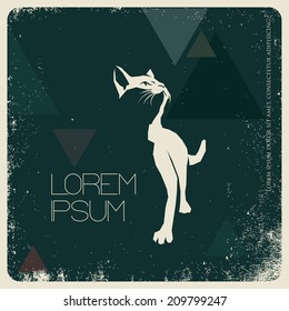 Grunge poster with cat looking at the light - vector illustration