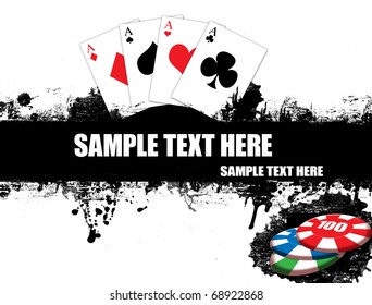 grunge poster with four aces playing cards and chips,vector illustration