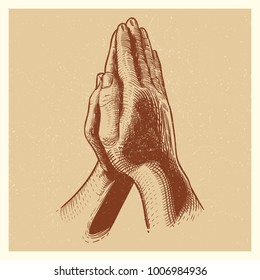 Grunge poster with hand drawn praying hands. Pray drawing, faith religion and hope. Vector illustration