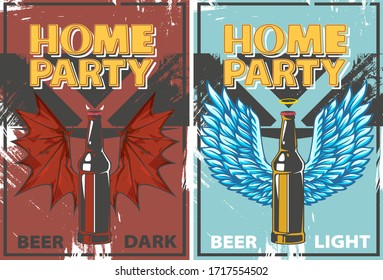 Grunge poster of home party with bottles of beer with demon and angel wings