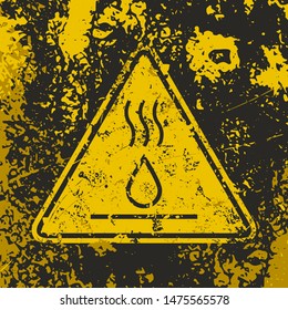 Grunge poster Hot Surface Liquid sign. Vector illustration of potential burn hazard triangle sign on grunge rusty yellow background. It can be used as a poster and other design projects.